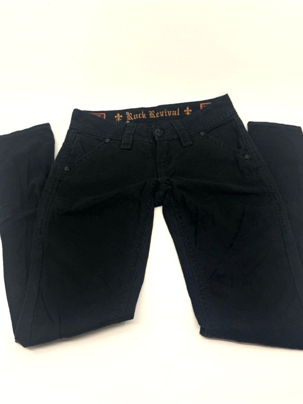 Rock Revival Black Paisley Print Size 24 Skinny Jeans Low Rise Sequin Pockets - Picture 4 of 9